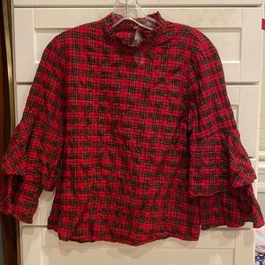 J McLaughlin plaid blouse with 3/4 sleeves. XS EUC